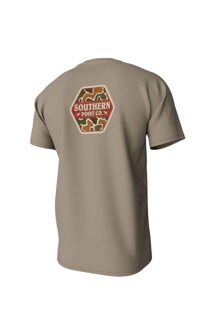 Sandstone tee with Camo Southern Point Logo on it
