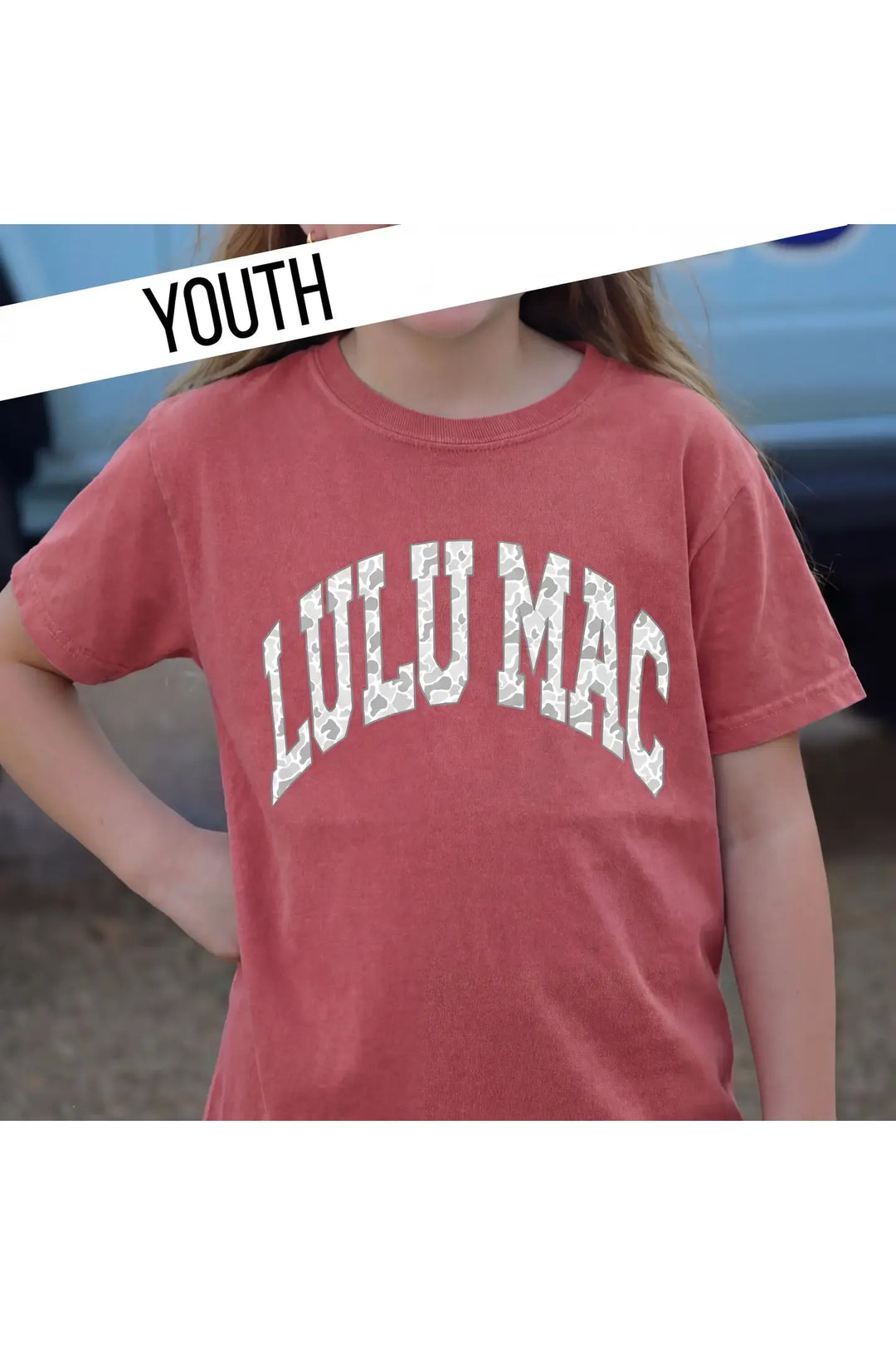 Youth Lulu Mac Camo Crimson Youth Comfort Colors Tee