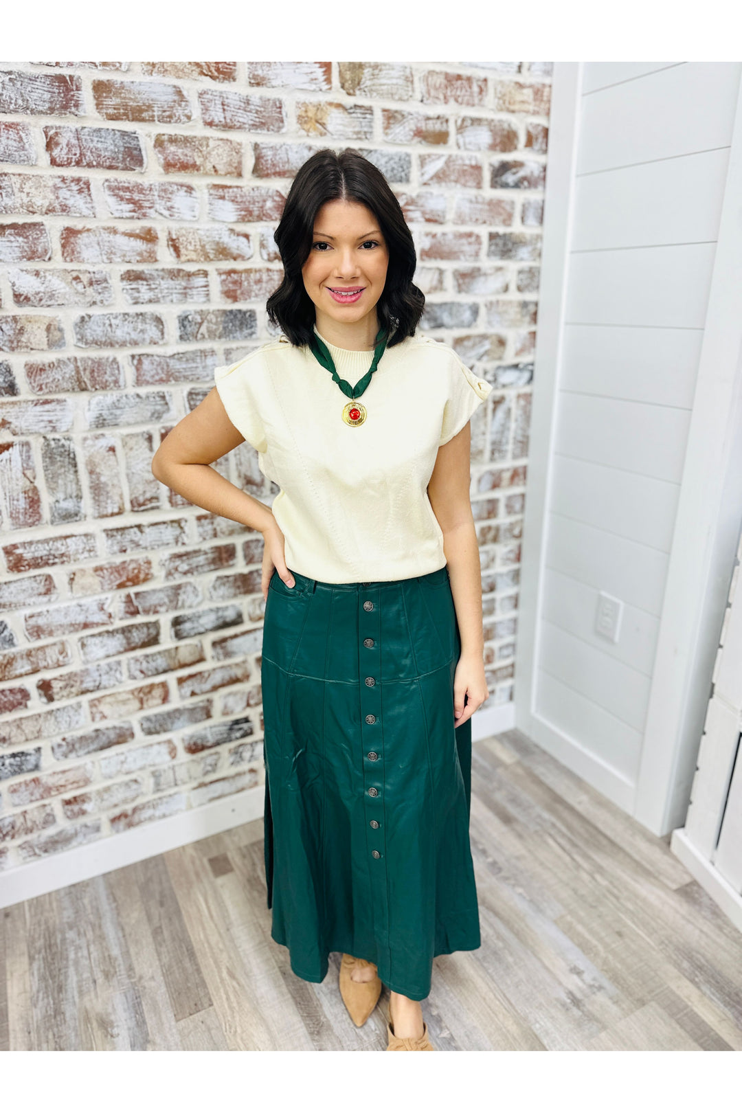 Hunter Green Faux Button Midi Skirt