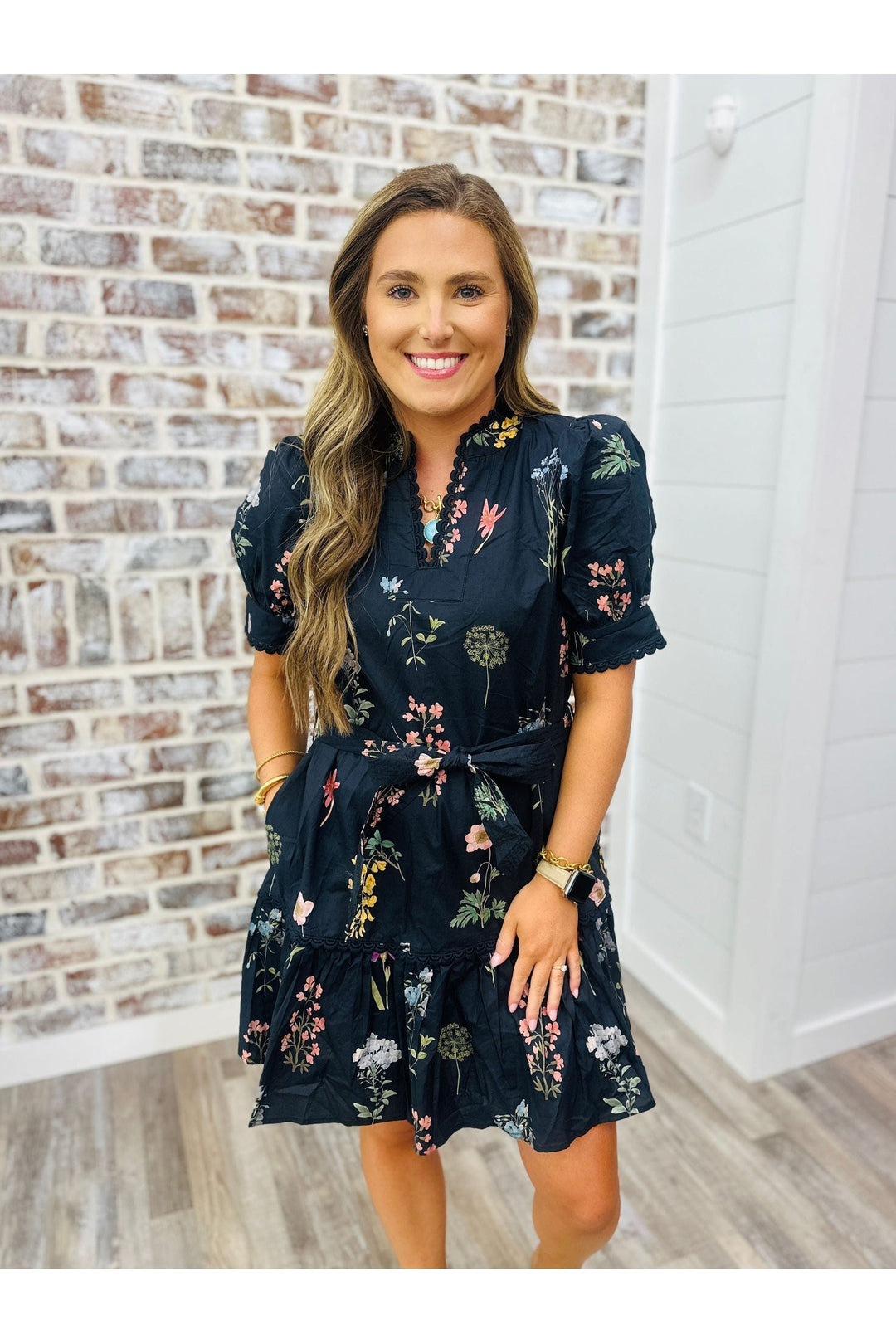 Navy flower design belted dress, above the knee