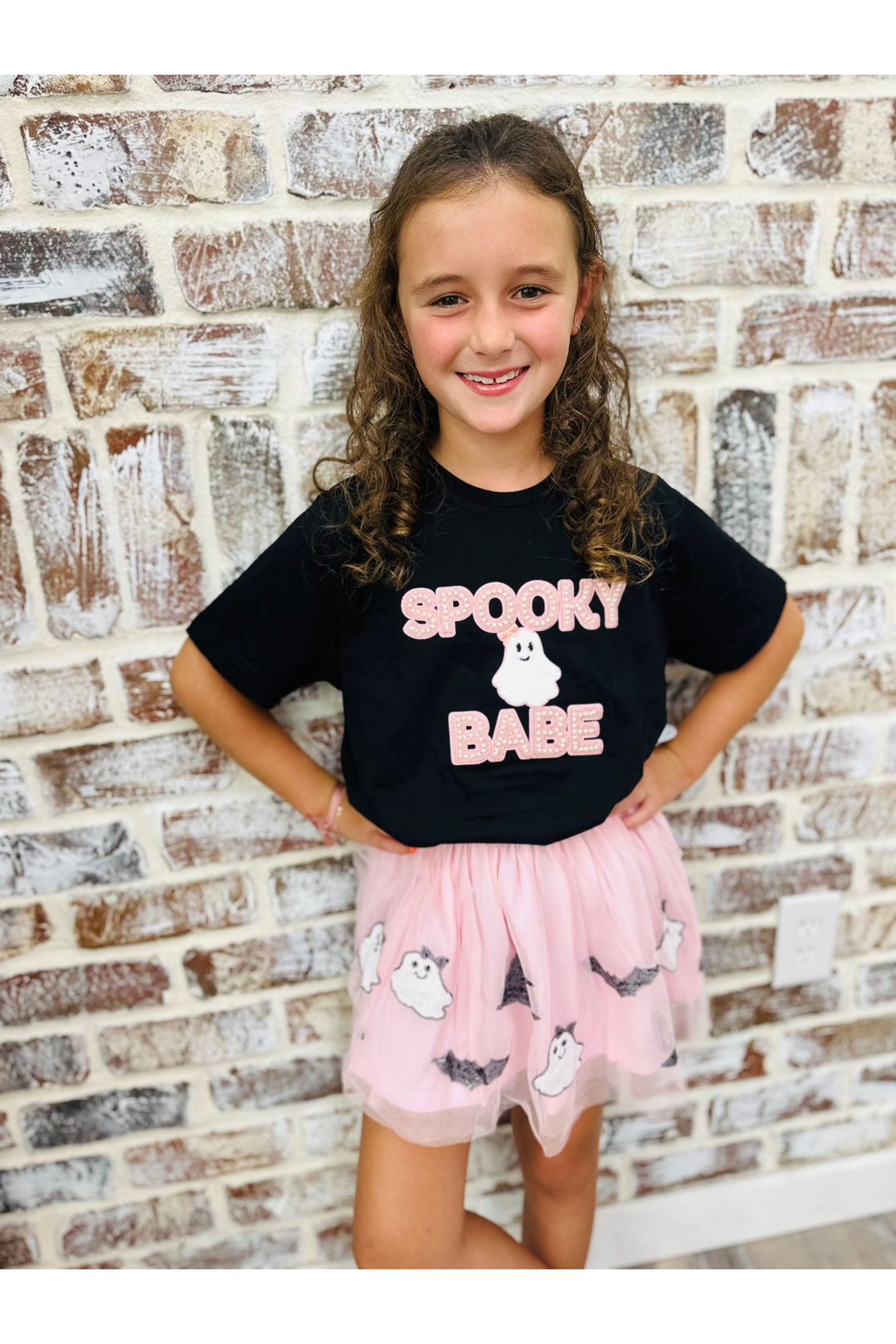 Black top with spooky babe in pearl letter 