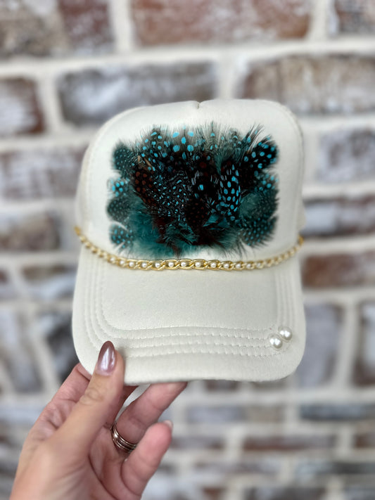 Khaki Hat with Teal Feather & Chain