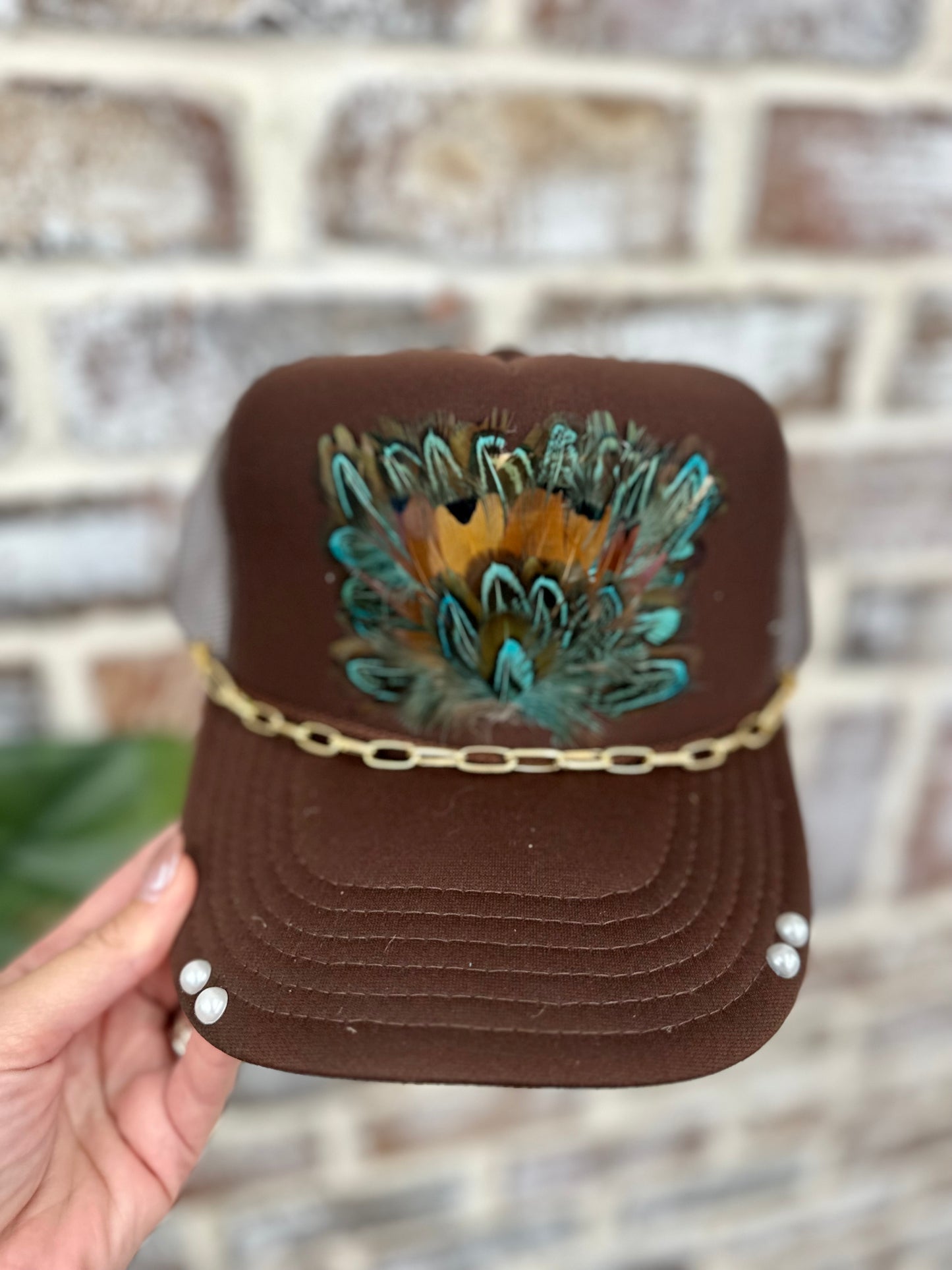 Choc Trucker Hat Teal Feathers