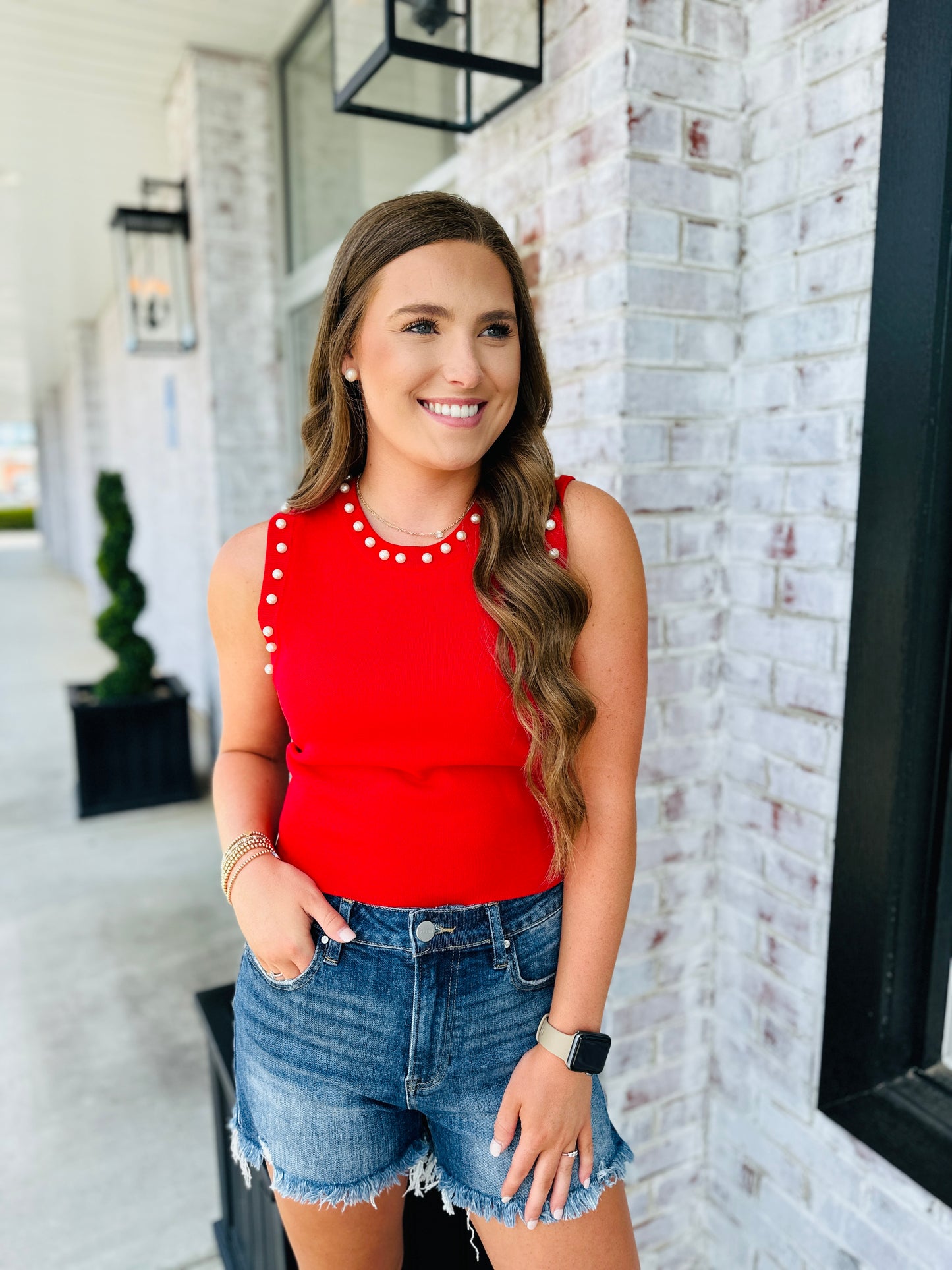 Pretty In Pearls Top~ Red