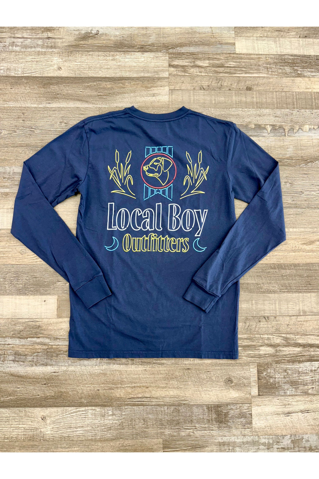Navy men’s tee with Local Boy Outfitters on back with neon print.