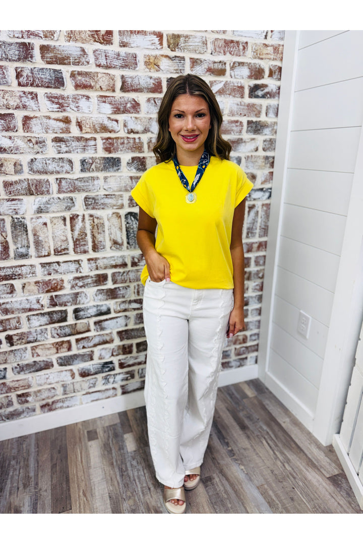 High Rise Wide Leg Pants with Scalloped Front Seam Detail