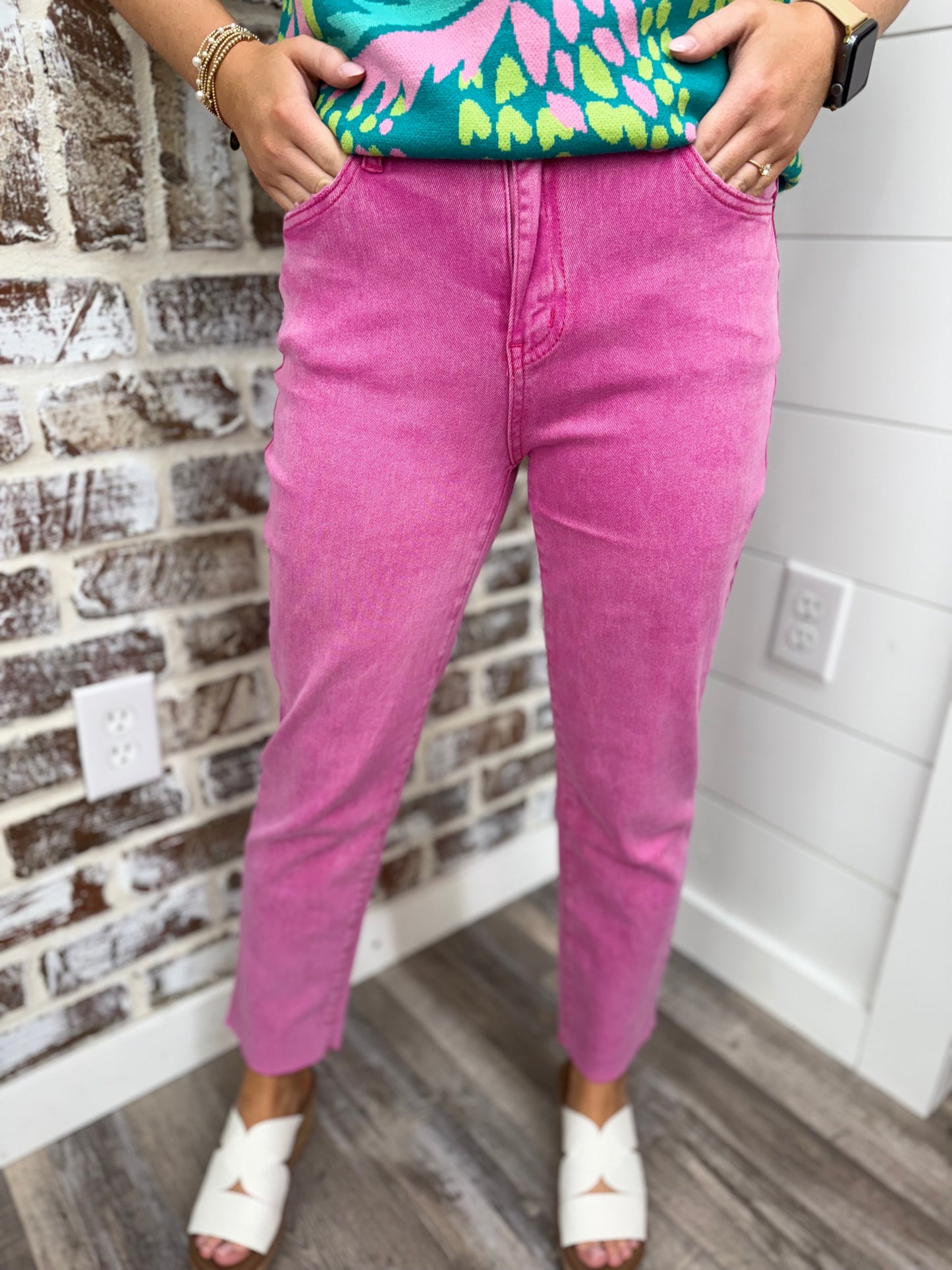 Hot Pink~ Acid Wash High Rise Straight Pants