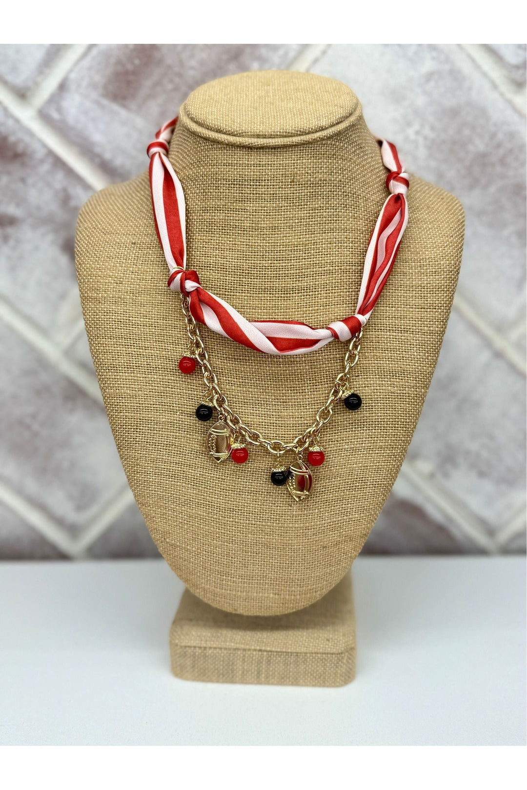 Red & White Scarf Necklace With Gold Football Chain