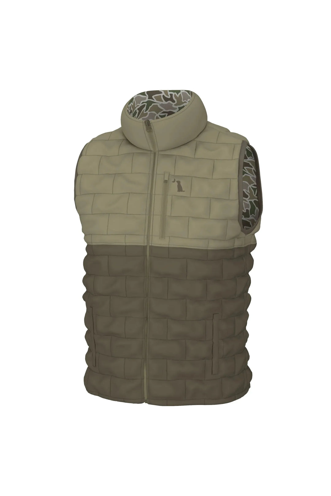 Mens Tan & brown block color vest, reverses to camo