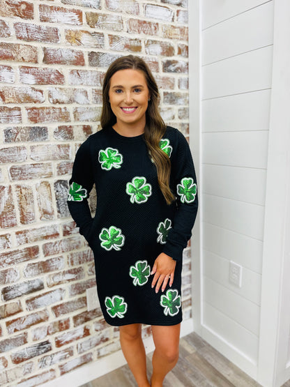 Sequin Clover St. Patrick Graphic Textured Dress