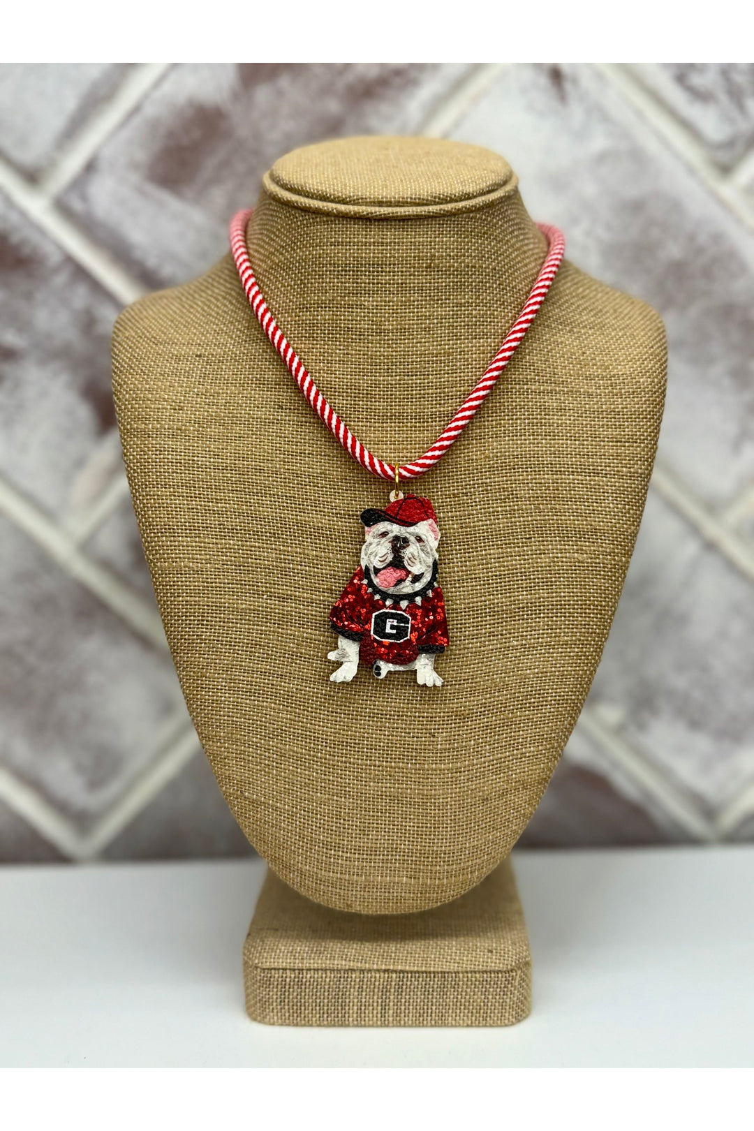 Red & White Rope Necklace With Bulldog Charm