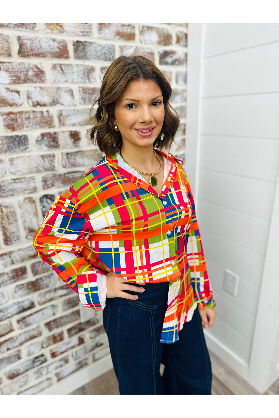Multicolor Plaid Button Top