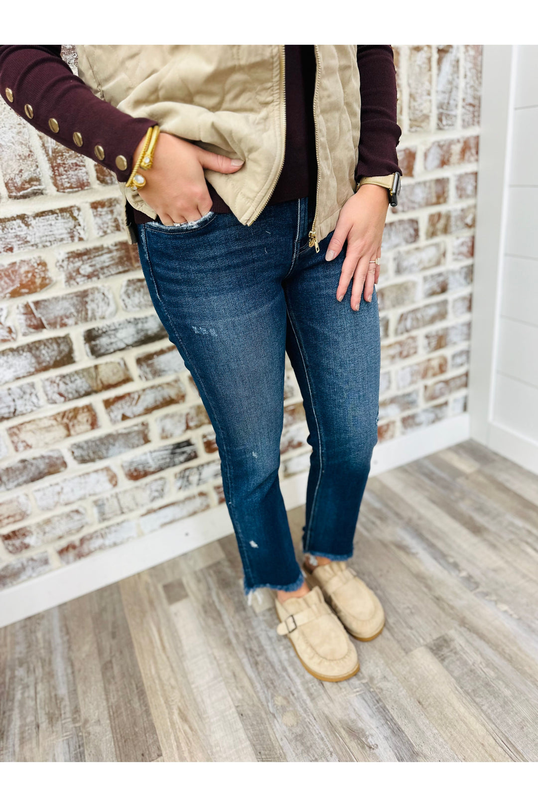 Low Rise Uneven Raw Hem Slim Straight Jeans