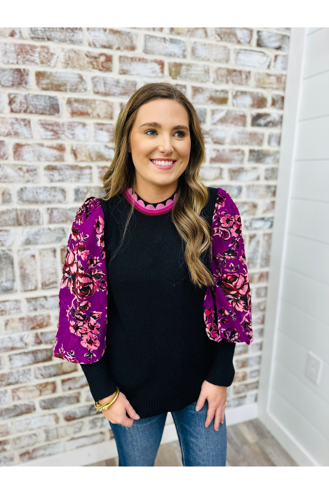 Contrast Floral Velvet Sleeve Sweater