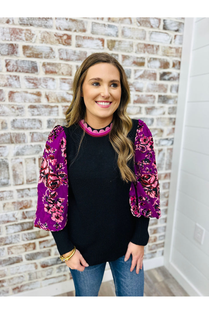 Contrast Floral Velvet Sleeve Sweater