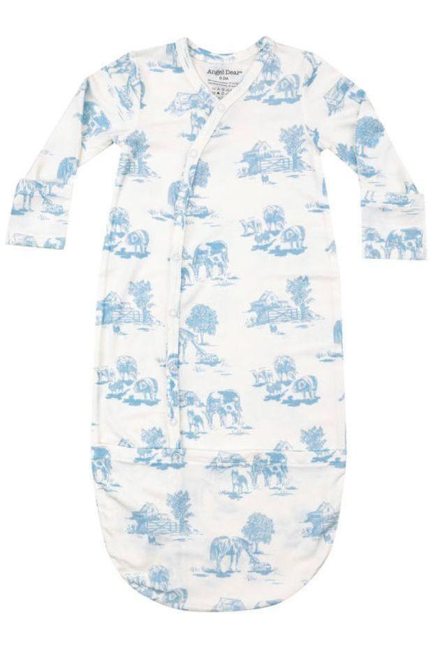 Youth white long sleeve bundle gown in the print blue farm toile.