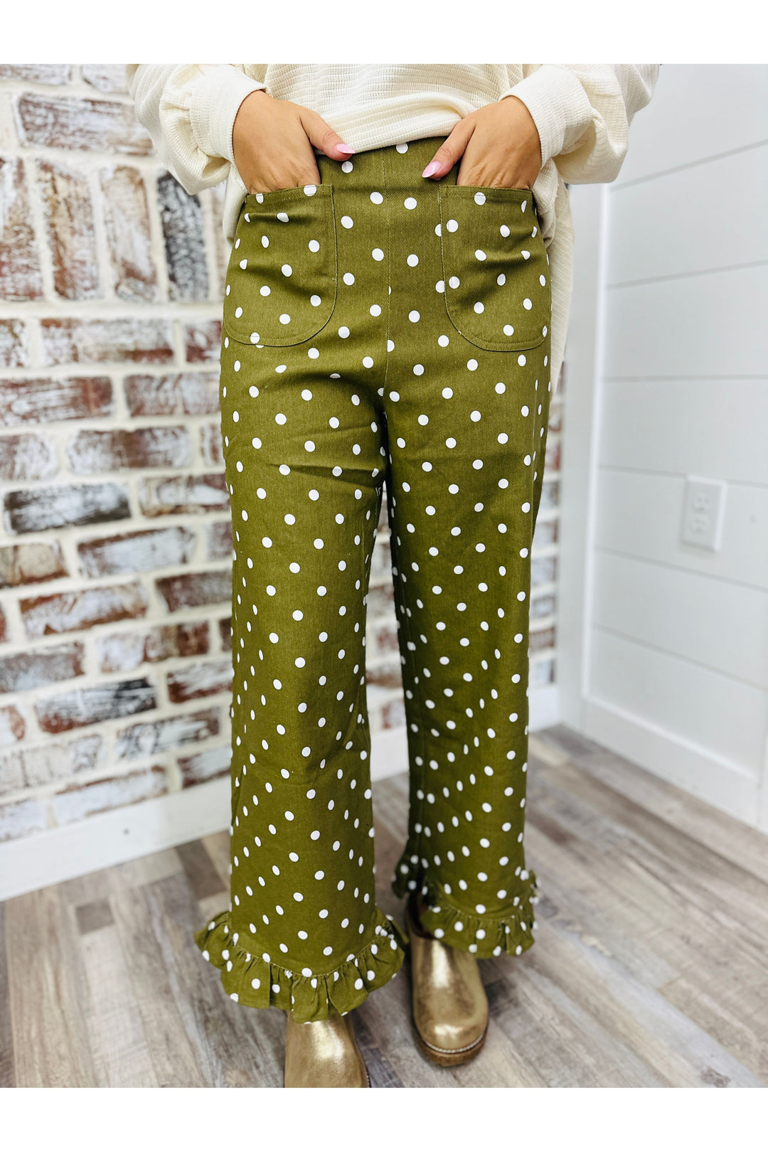 Olive Polka Dot Ruffle Hem Pants