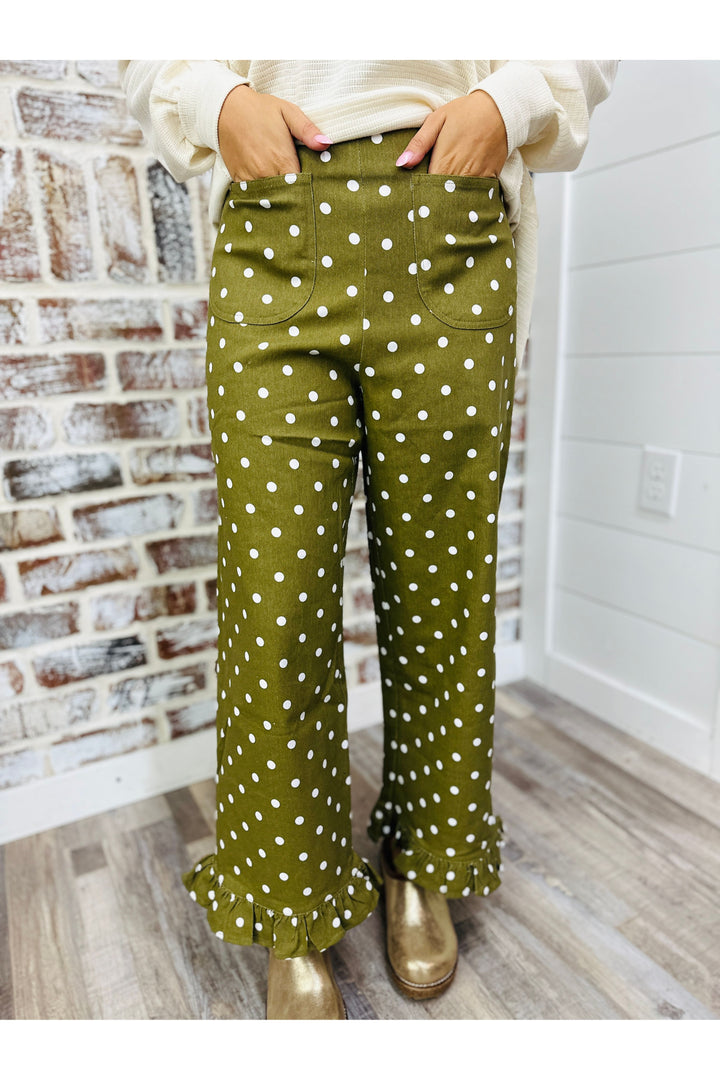 Olive Polka Dot Ruffle Hem Pants