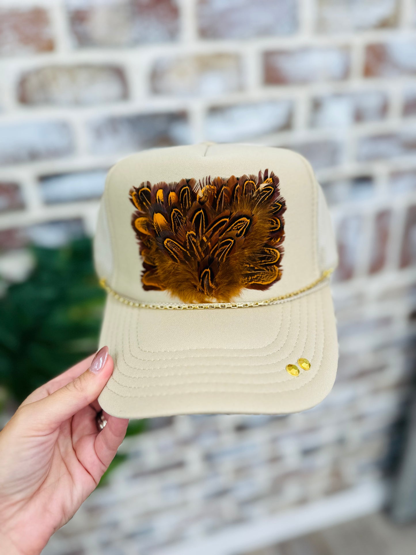 Khaki Feather Trucker Hat