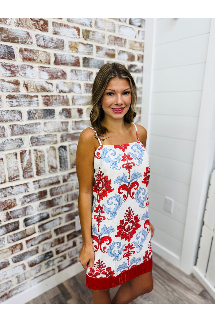 Red, White & Bloom Fringe Dress