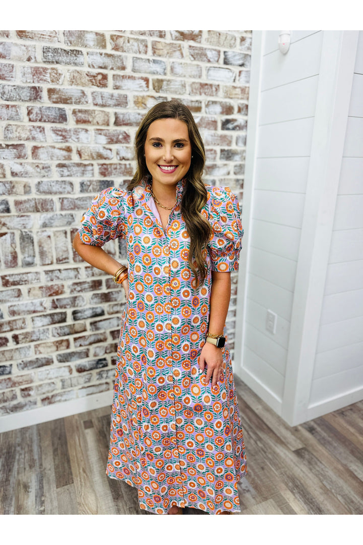 Karlie| Floral Ruffle Neck Button Shirt Maxi Dress