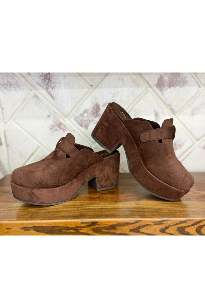 Chocolate Suede Platform Buckle Mule Clog