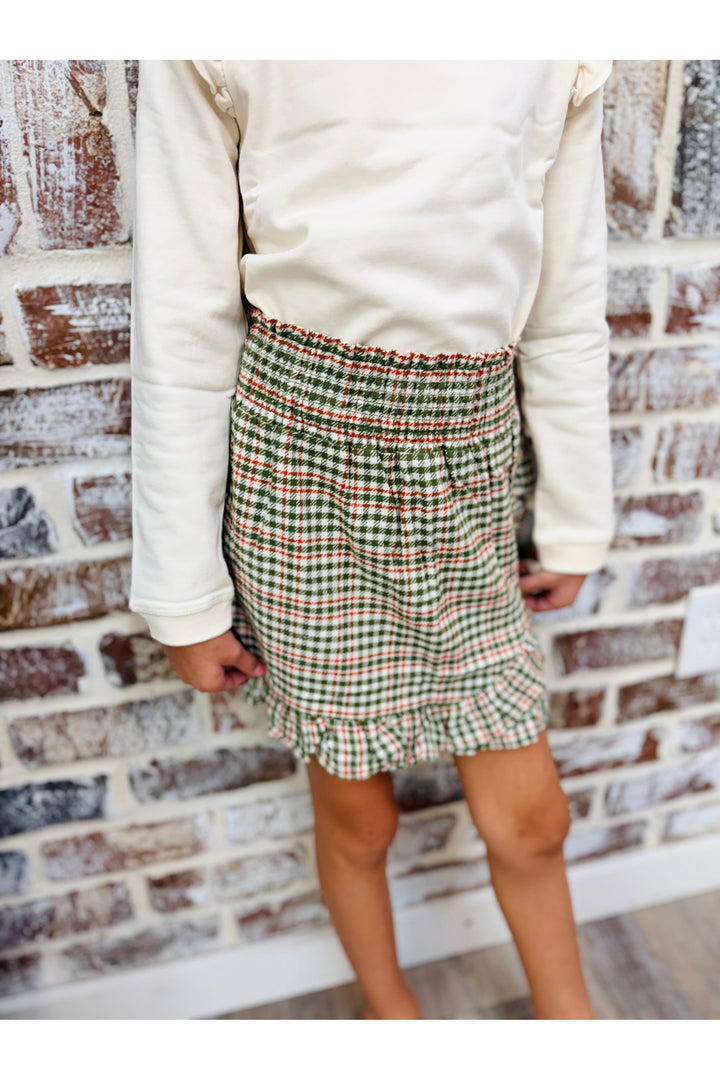 Girls Classic Dusty Olive Houndstooth Smocked Ruffle Skort