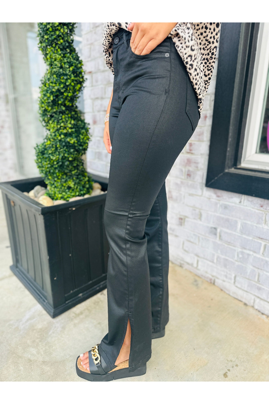 Metallic Black Bootcut Split Jeans