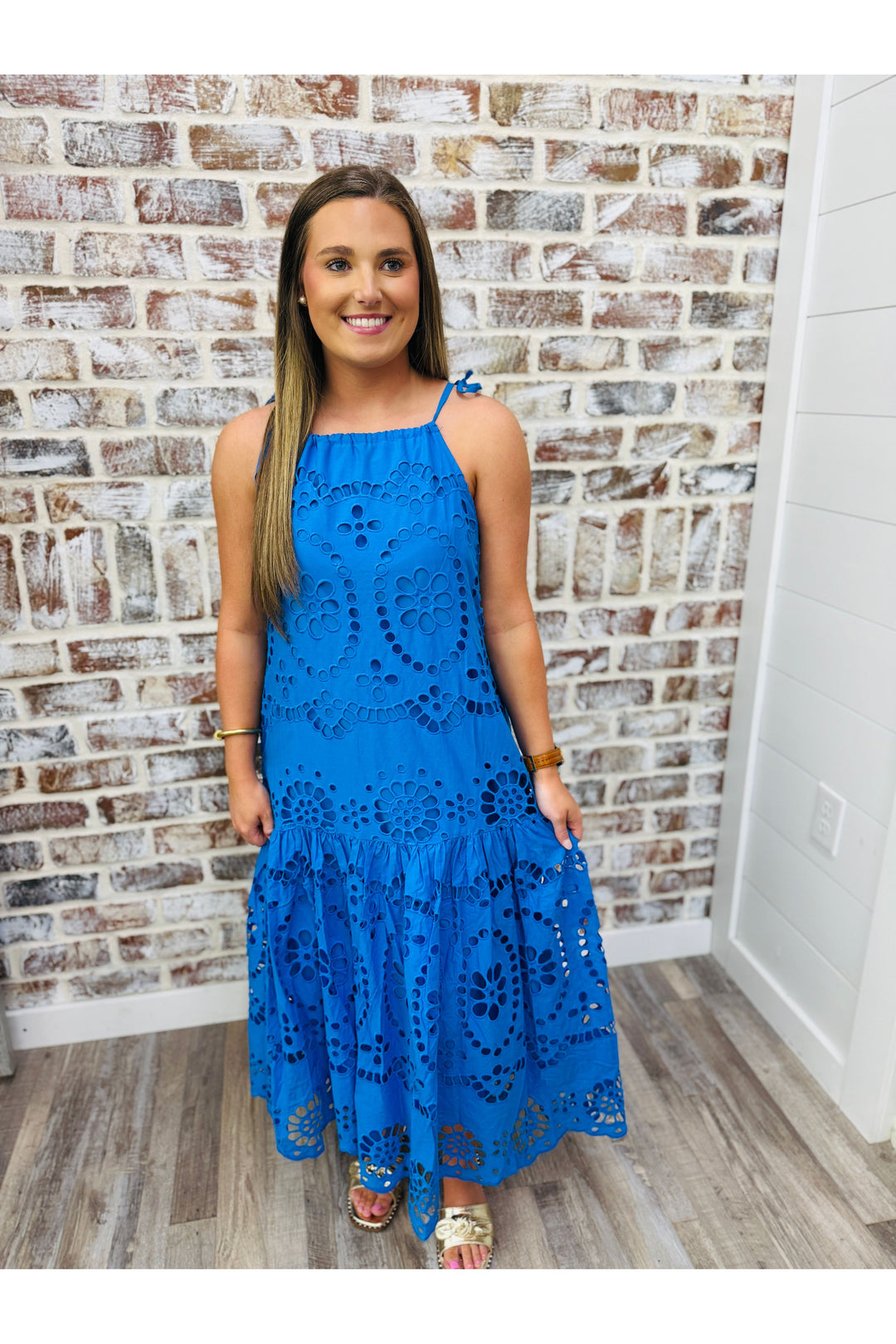 Vibrant Blue Eyelet Halter Midi Dress