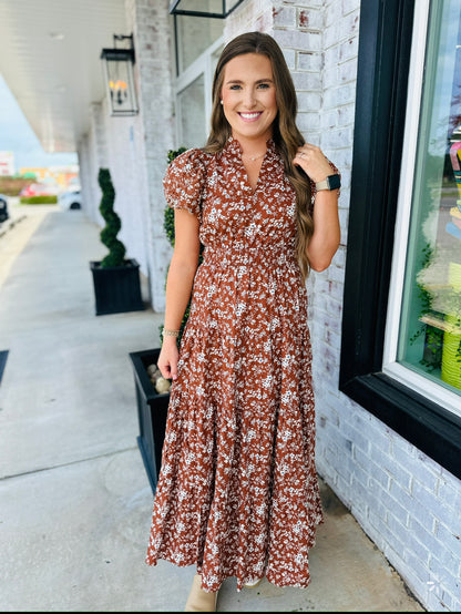 Mocha Flowers Midi Dress