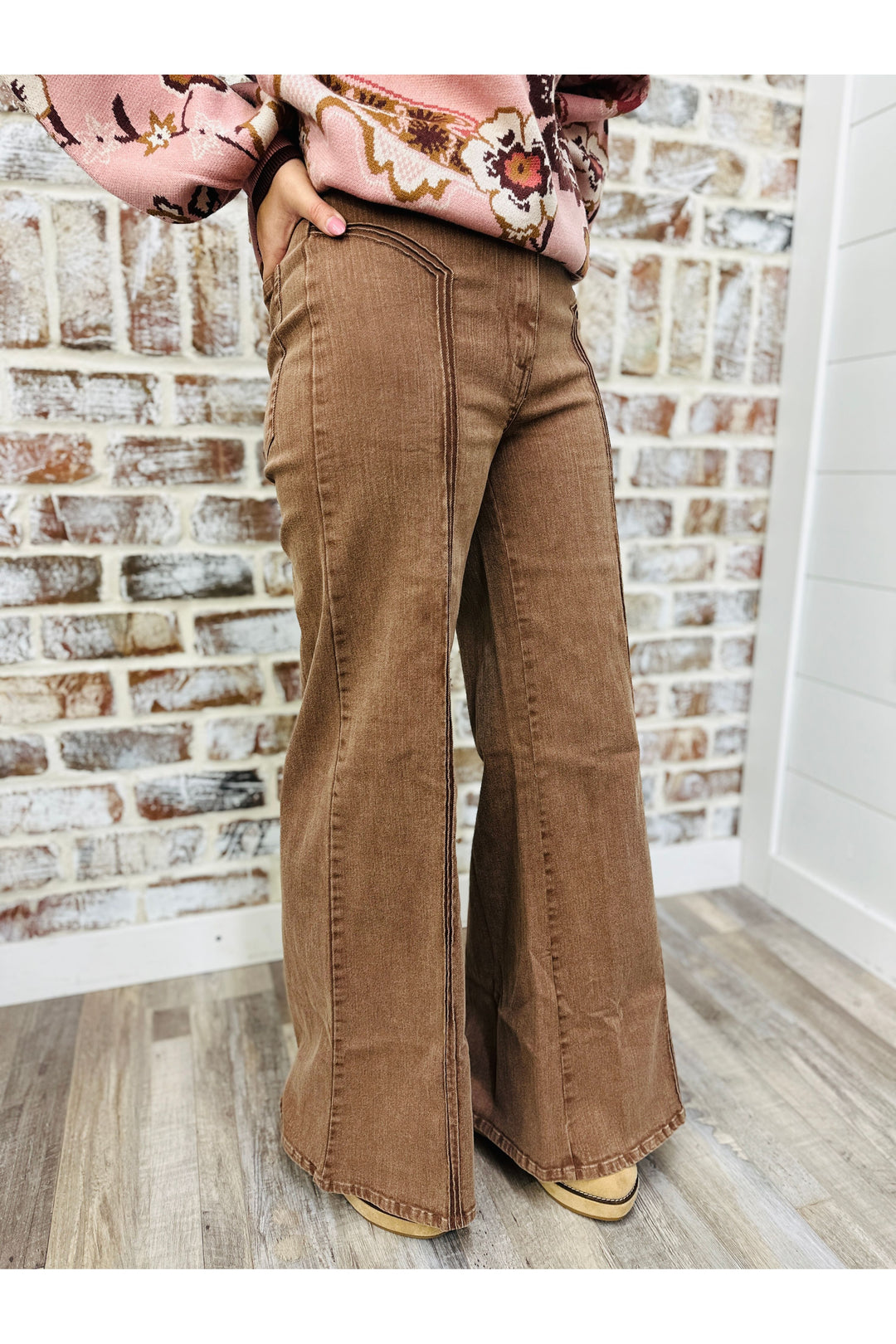 Brown Washed High Waisted Wide Leg Pants