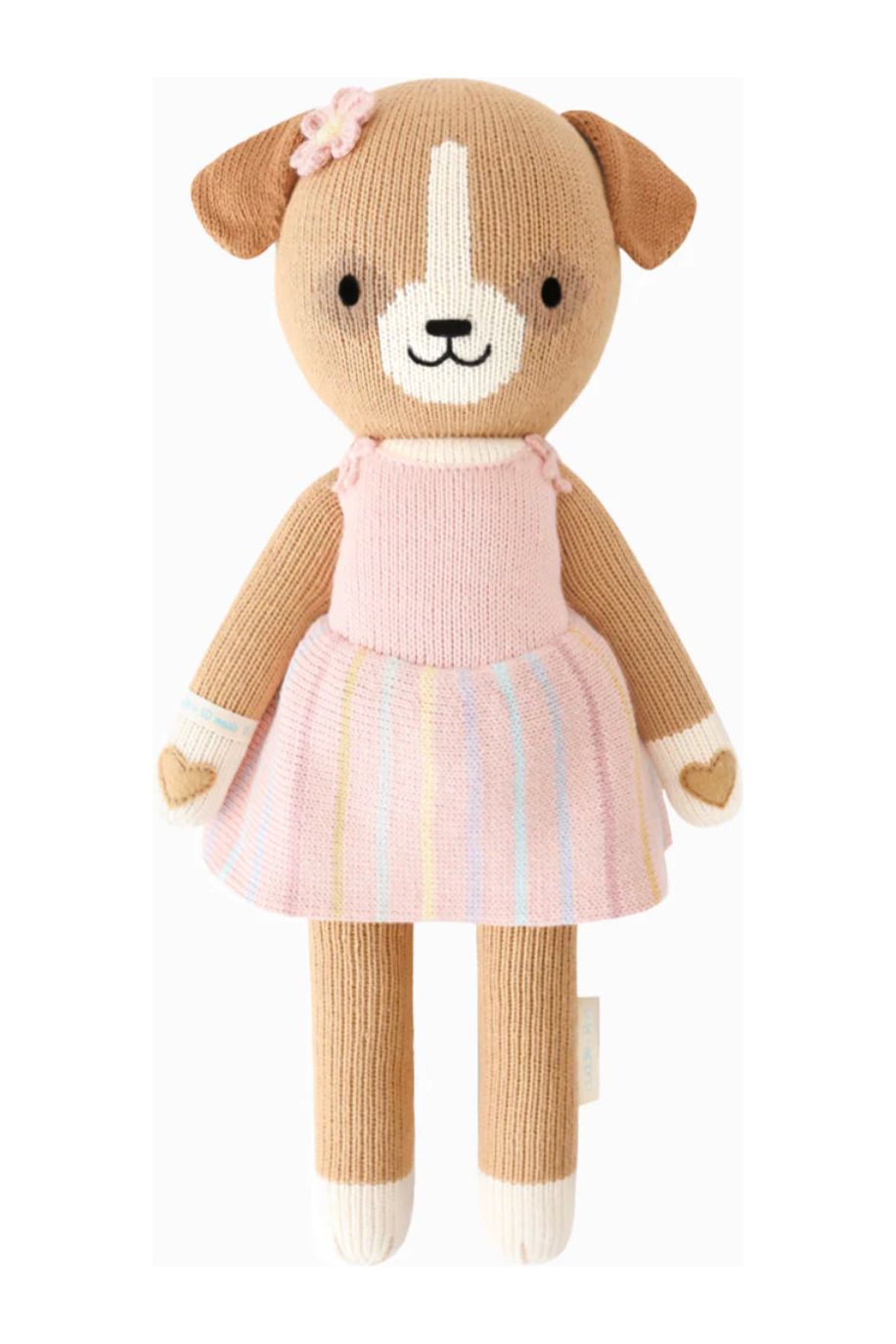 13 inch studded toy dog with pink multi colored striped dress. 