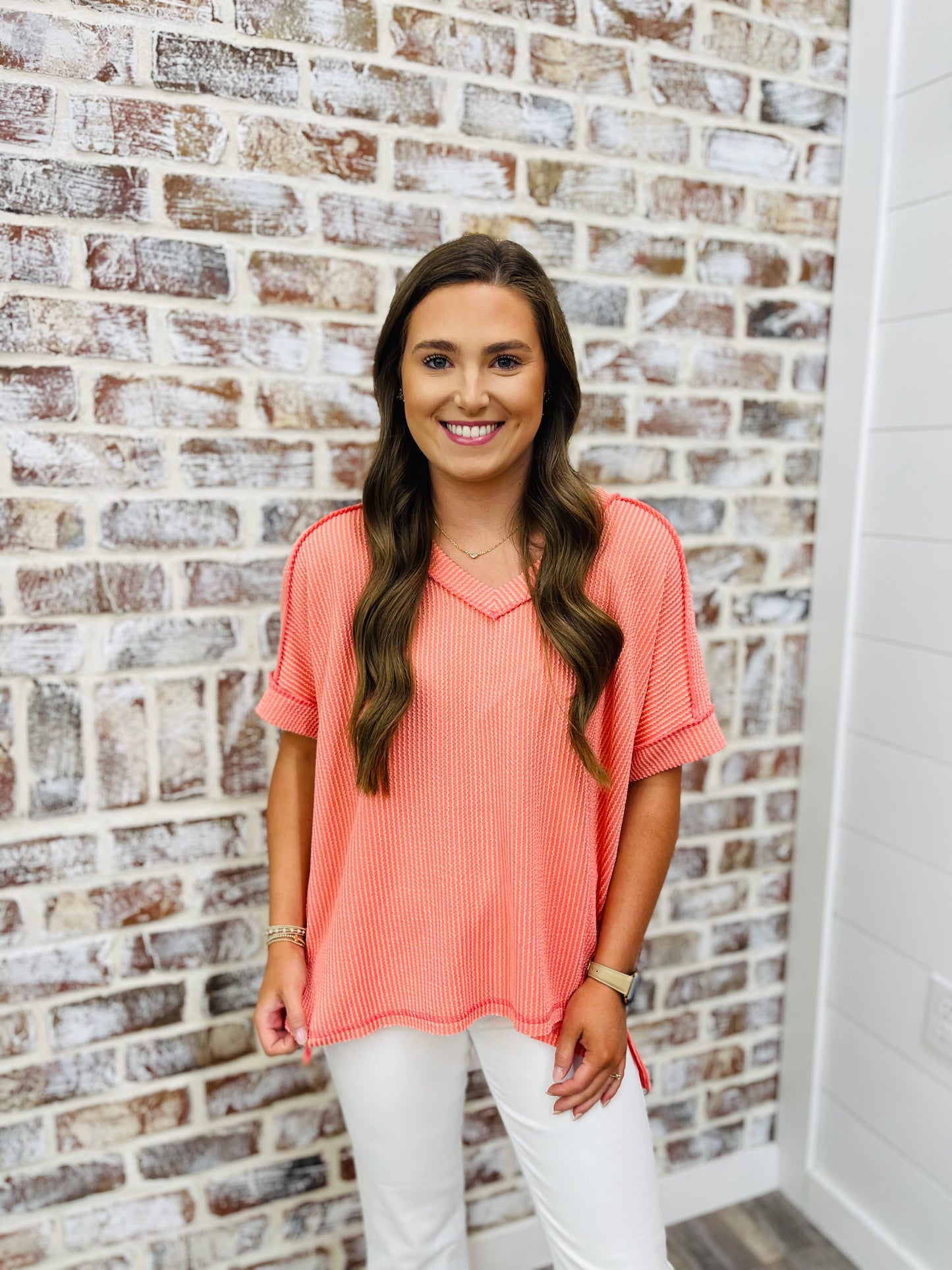 Coral Short Sleeve Waffle Top