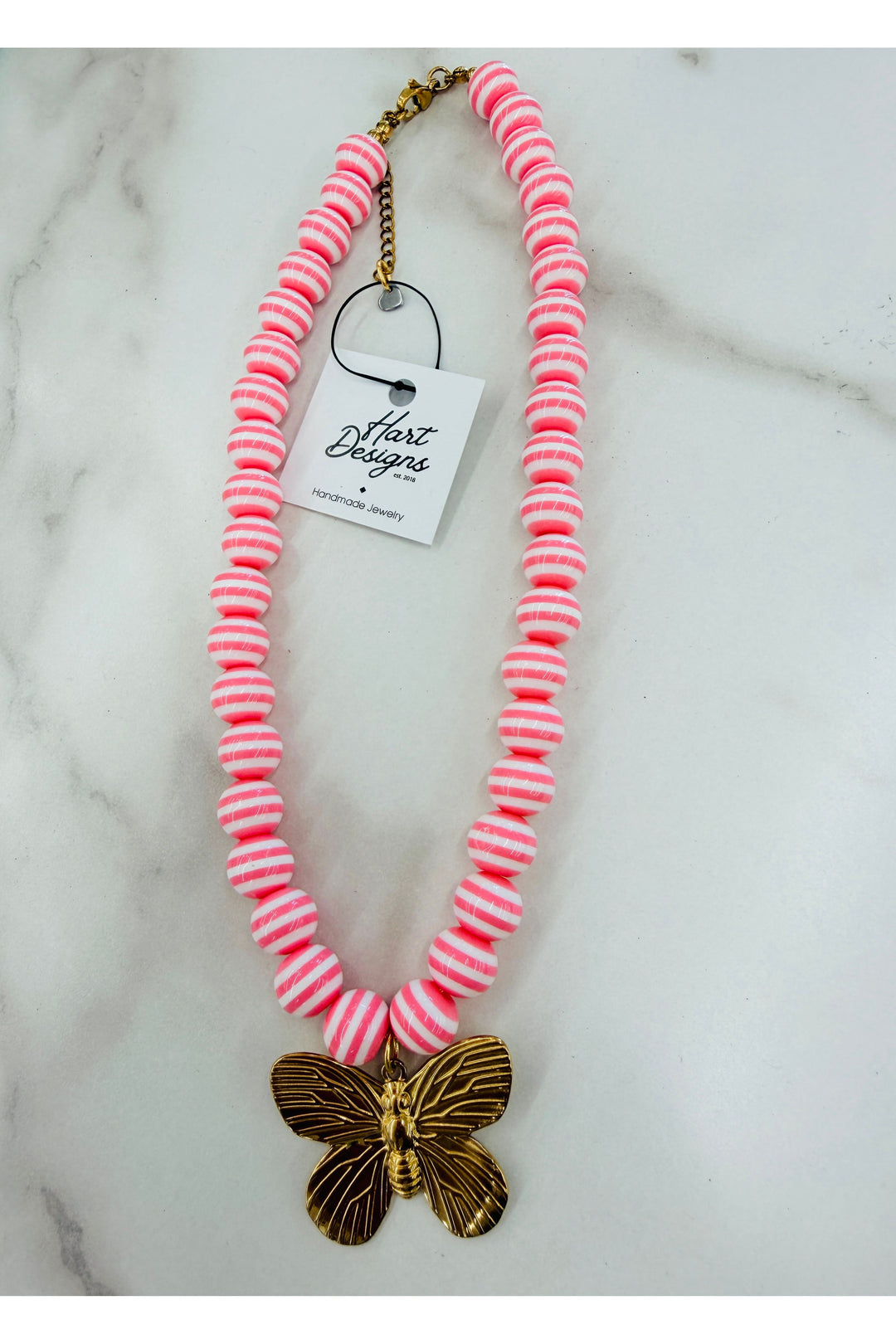 Pink Stripes Butterfly Necklace