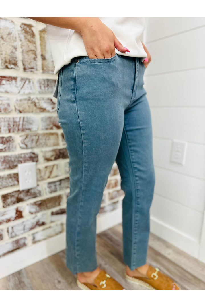 Teal~Acid Wash High Rise Straight Pants