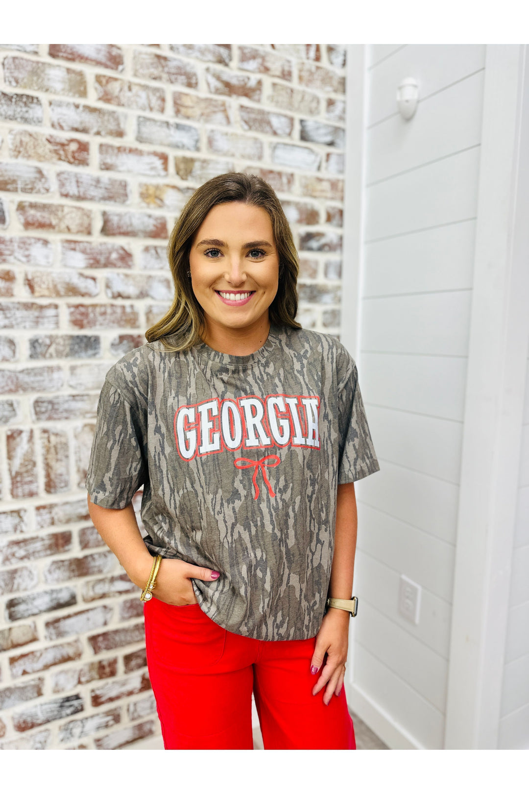Camo t shirt with red and white Georgia and bow design