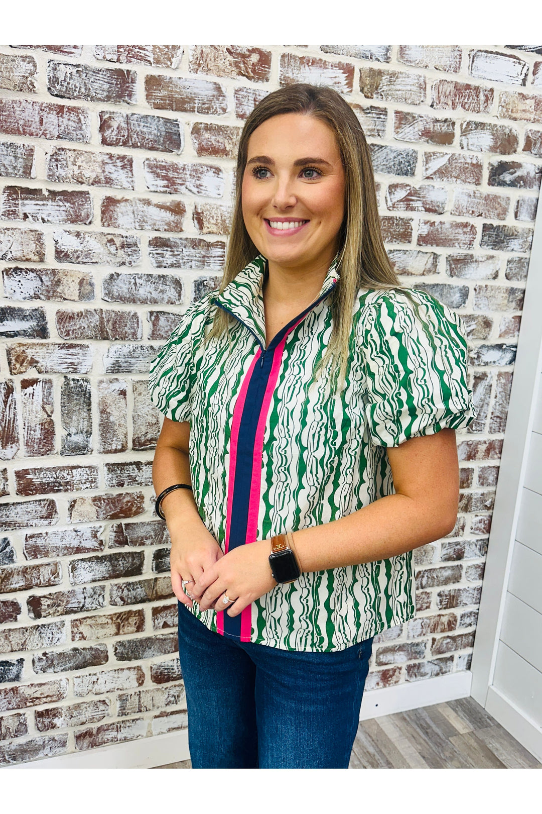 Stripe Quarter Zip Printed Top