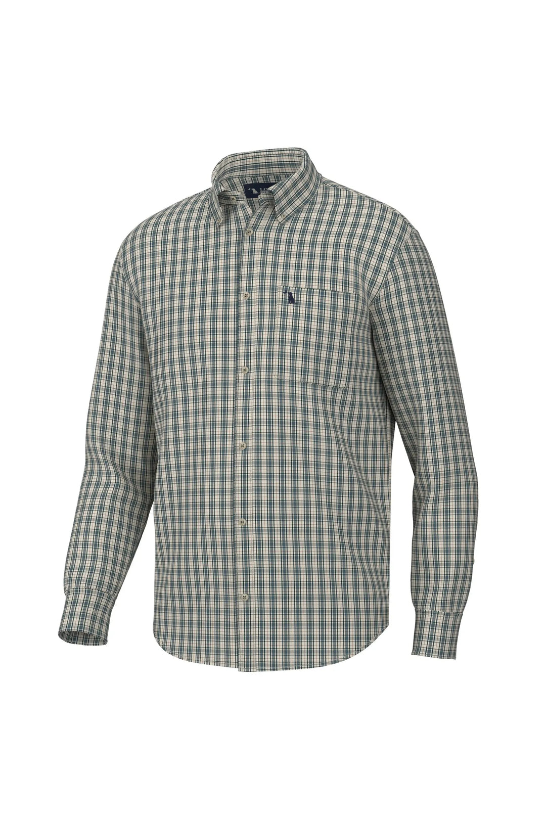 Men’s long sleeve button down dress shirt.  Checkered pattern of teal, beige & rust colors