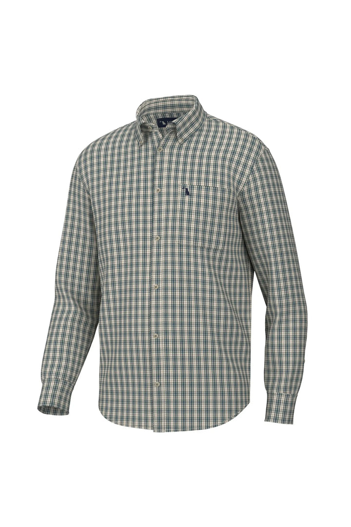 Men’s long sleeve button down dress shirt.  Checkered pattern of teal, beige & rust colors
