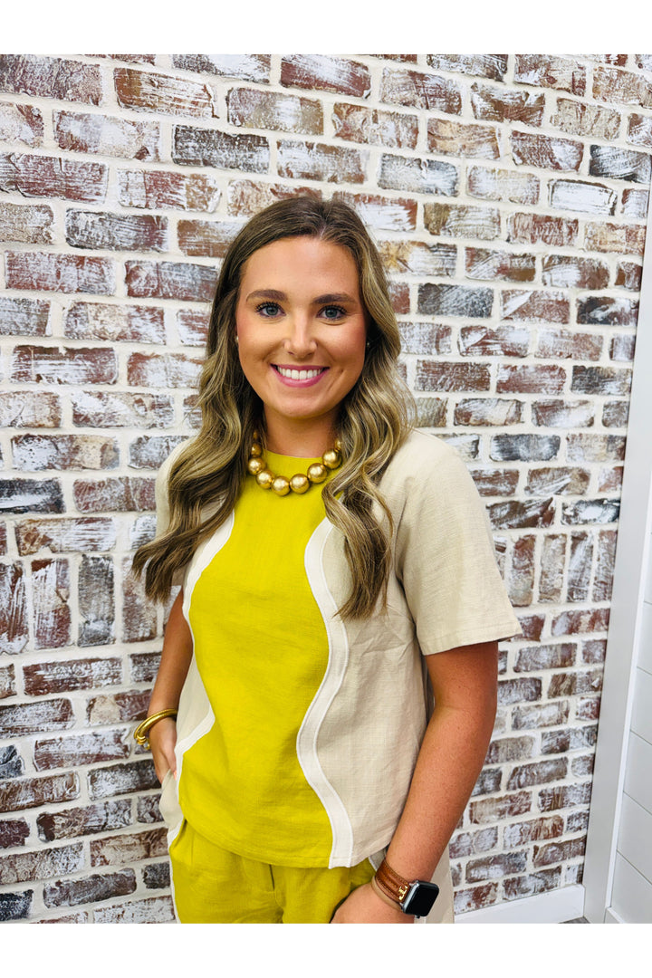Chartreuse Wavy Contrast Top