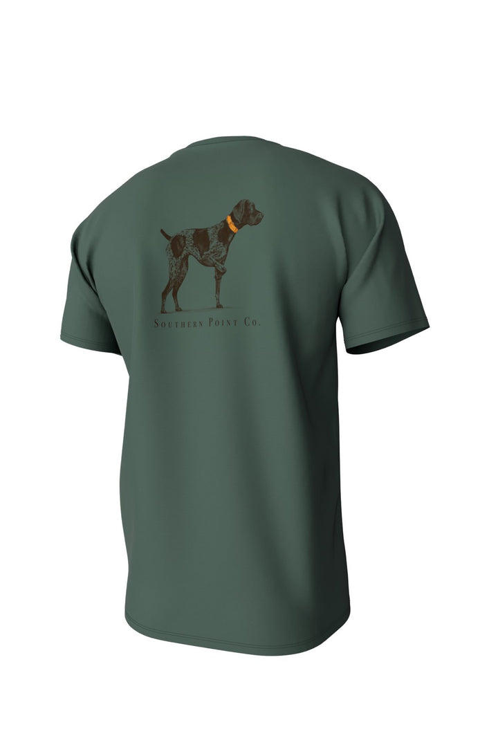 Green tee with pointer dog on back