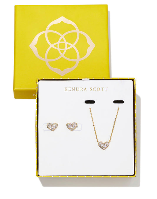 Kendra Scott| ARI PAVE CRYSTAL HEART PENDANT & STUD GIFT SET GOLD WHITE CZ