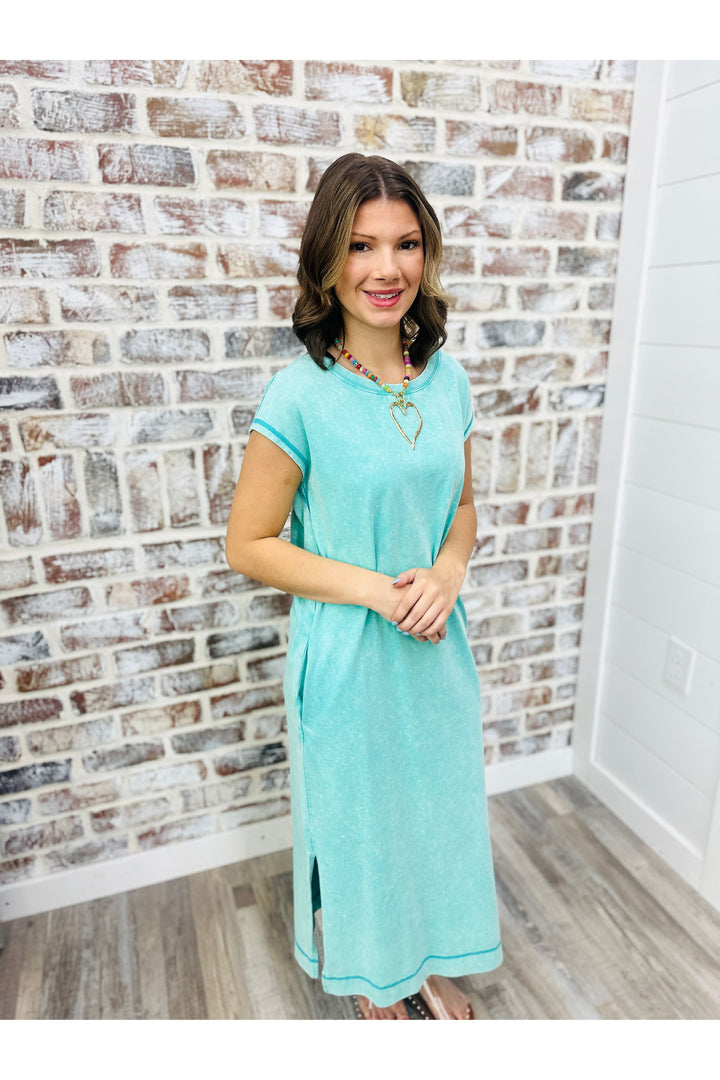 Teal Acid Washed T-Shirt Dress