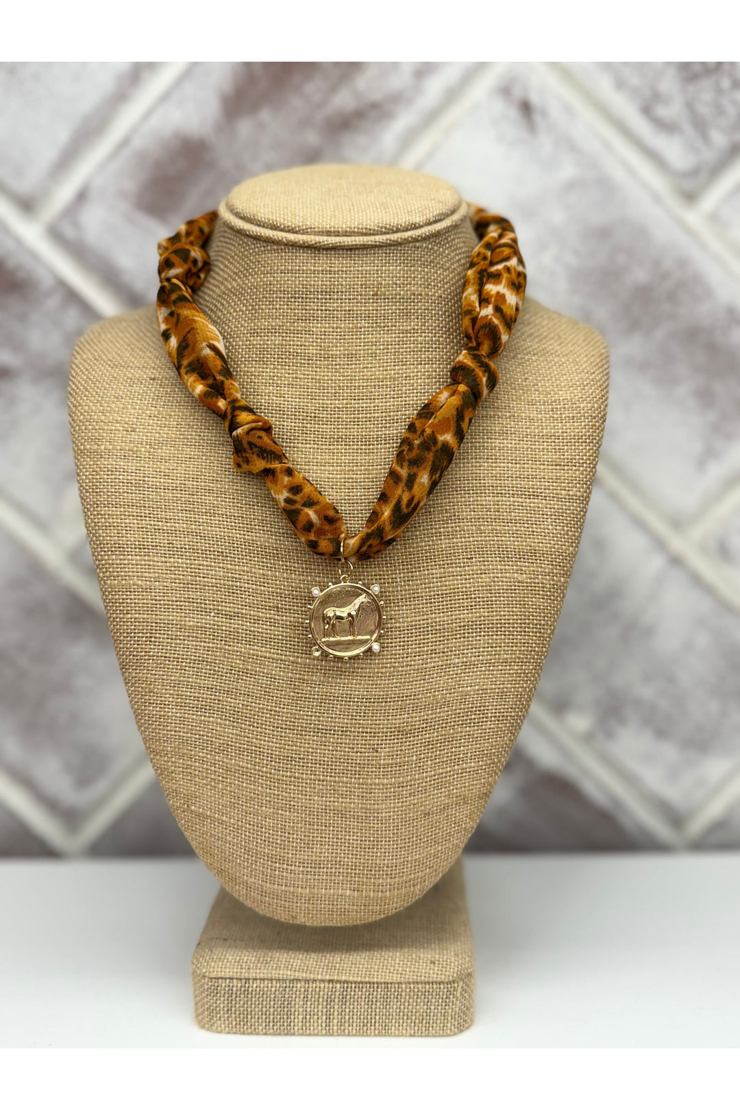 Cheetah Print Scarf Necklace With Horse Charm