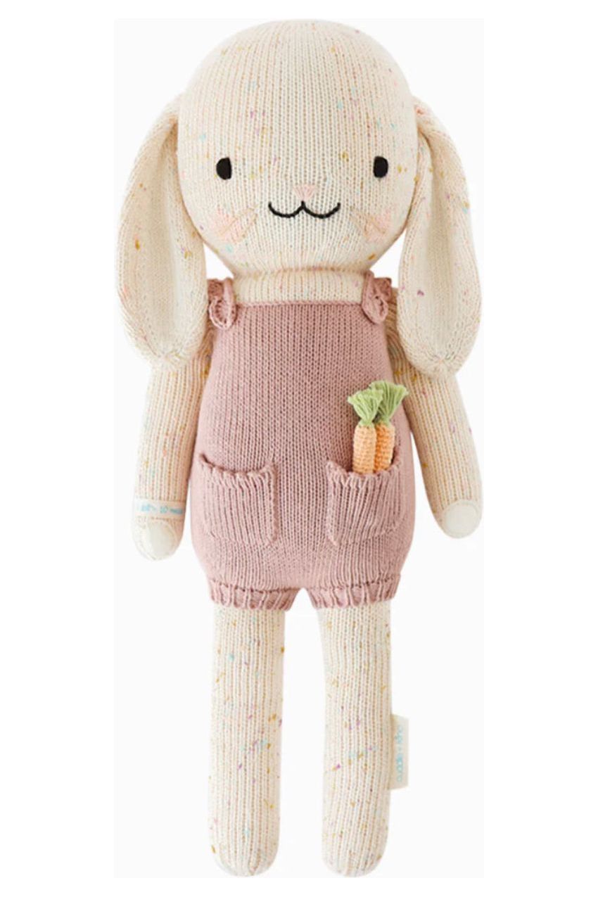 13 inch stuffed bunny with pink romper and stuffed carrots in the pocket.
