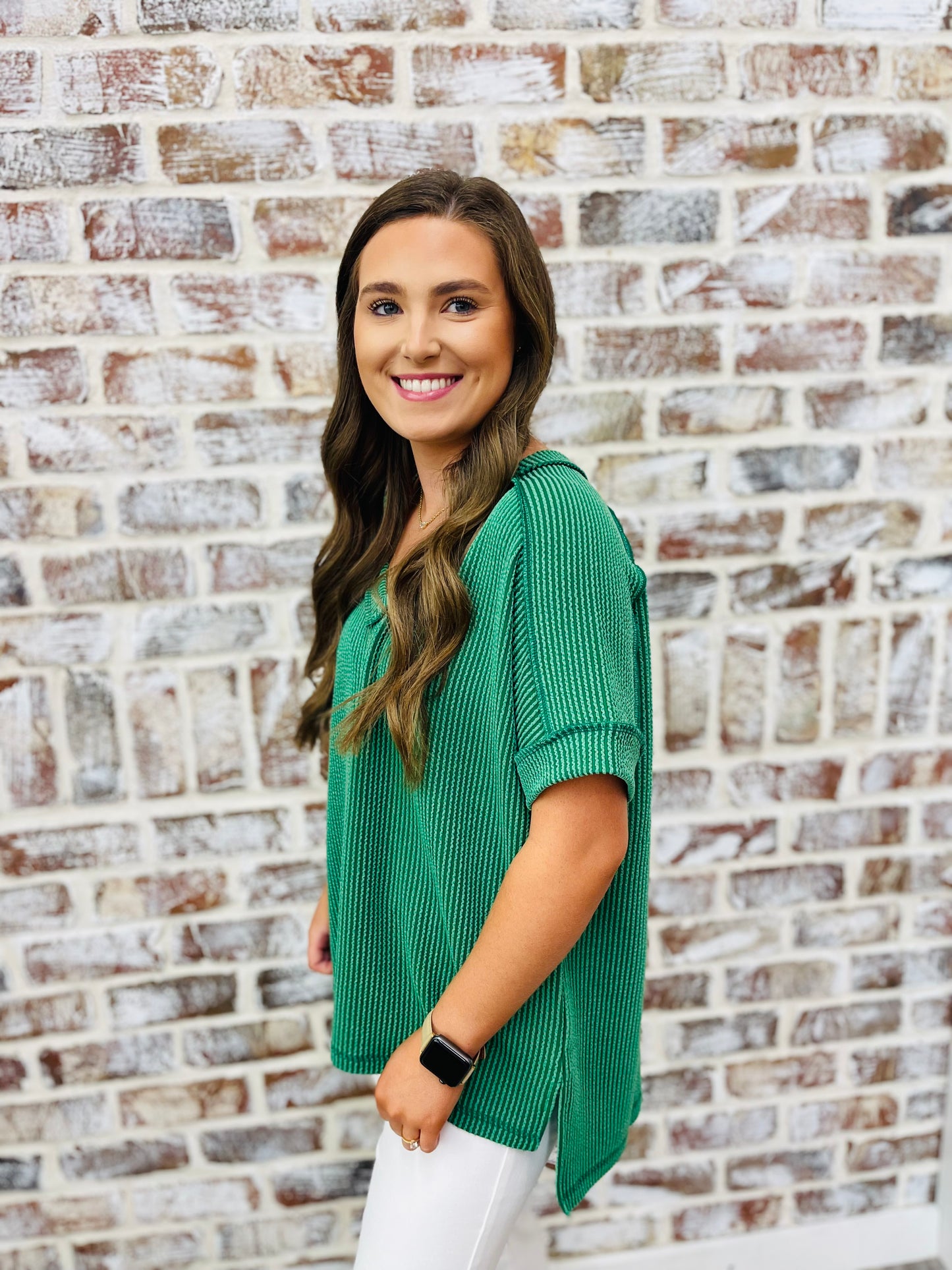 Green Short Sleeve Waffle Top