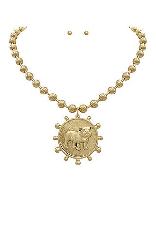 Gold Beads With Bulldog Medallion Necklace