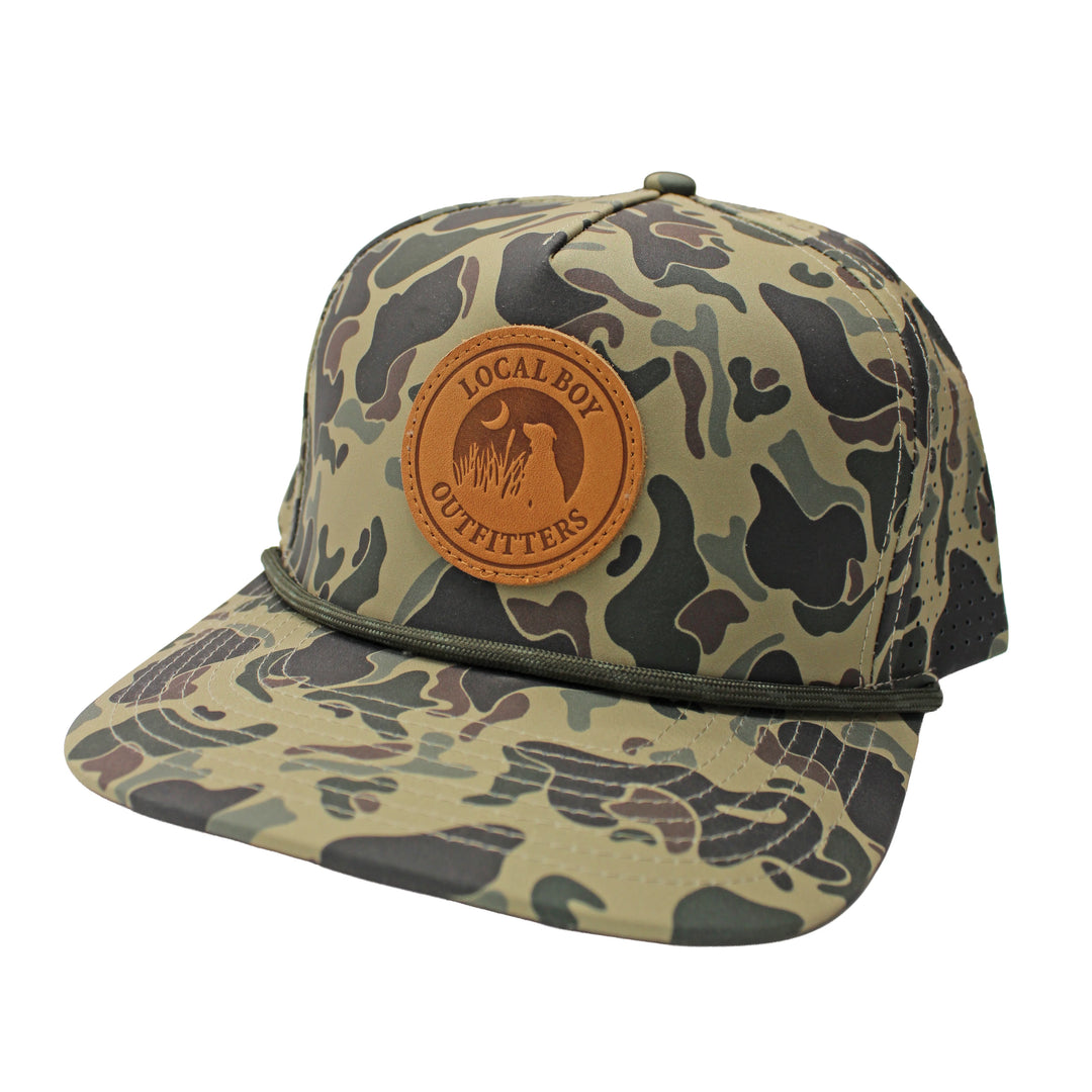 Local Boy| Youth Leather Patch Perforated Rope Hat~ Retro Camo