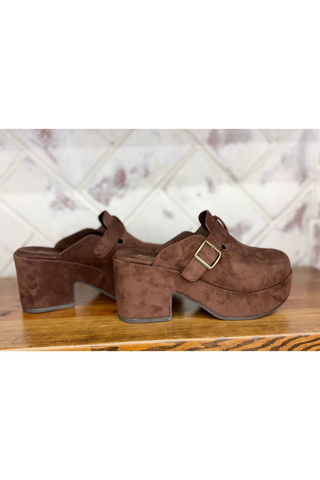 Chocolate Suede Platform Buckle Mule Clog