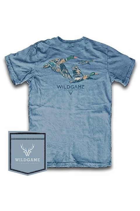 Light blue tee with mallards flying on back and Wildgame Collection text